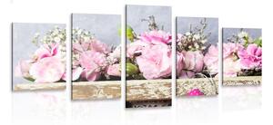 Quadri 5 pezzi – Fiori di garofano in cassetta di legno