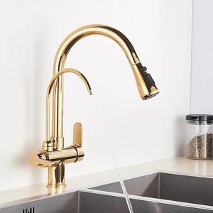 Rubinetto da cucina - 5-J2Z - Miscelatore a due manopole caldo/freddo - Doccetta estraibile - Bocca orientabile - Montaggio a foro singolo - Ottone - Oro spazzolato