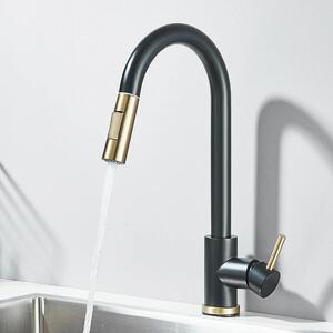 Rubinetto da cucina - Rubinetto estraibile per lavello - Due tipi di getto: getto fisso/doccia - Miscelatore monocomando caldo/freddo - Cartuccia in Vetroceramica - Acciaio inossidabile - Montaggio a incasso su piano - Nero/oro