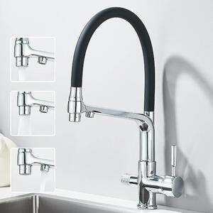 Rubinetto da cucina - Doppio beccuccio per acqua filtrata - Orientabile a 360° - Doccetta estraibile - Acqua calda/fredda - Due maniglie - Montaggio monoforo - Cromo