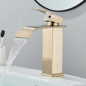 Rubinetto per lavabo - Miscelatore monocomando - Montaggio a filo piano - 1 foro - Bocca a cascata - Cartuccia in Vetroceramica - Acciaio inossidabile 304 - Acqua calda/fredda - Oro spazzolato