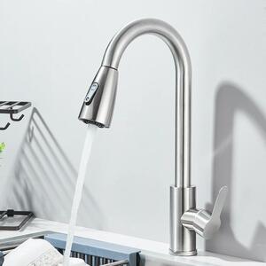 Rubinetto da cucina - Miscelatore estraibile - Orientabile a 360° - Due tipi di getto (doccia/getto) - Cartuccia in Vetroceramica - Acqua calda/fredda - Montaggio a incasso a 1 foro - Nichel spazzolato