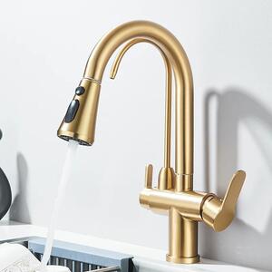 Rubinetto da cucina - Miscelatore estraibile - A due maniglie - Acqua calda/fredda - Montaggio a incasso a 1 foro - Acciaio inossidabile - Cartuccia in Vetroceramica - Oro spazzolato