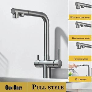 Rubinetto da cucina con filtro - Rubinetto da cucina - Estraibile, acqua calda e fredda, orientabile a 360°, montaggio a incasso su piano, acciaio inossidabile, cartuccia in Vetroceramica - Grigio canna di fucile