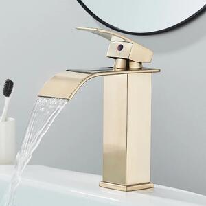 Rubinetto per lavabo - Modello corto - Miscelatore monocomando - Acqua calda/fredda - Cartuccia in Vetroceramica - Montaggio a incasso su piano - Bocca a cascata - Oro spazzolato