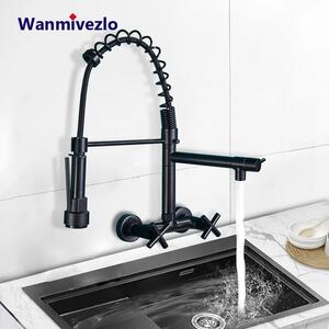 Rubinetto da cucina a parete - Doccetta a molla - Doccetta estraibile, doppia maniglia, 2 fori, caldo/freddo, ottone, cartuccia in Vetroceramica - Nero opaco