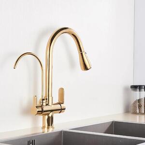 Rubinetto da cucina - Rubinetto per lavello - Miscelatore a due manopole - Doccetta estraibile - Monoforo, montaggio a filo - Acqua calda/fredda - Orientabile a 360° - Ottone, valvola in Vetroceramica - Oro