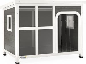 AllMyPets Casetta per Cani con Finestrelle e Ingresso a Tenda in Legno di Abete 90x62x71 cm colore Grigio Chiaro - U6110LG
