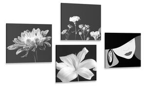 Set di quadri – Eleganza femminile e fiori in bianco e nero