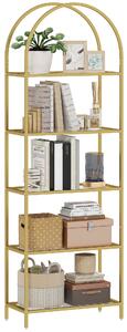 Scaffale Libreria Portaoggetti ad Arco 60x30x175 cm a 5 Ripiani in Acciaio e Vetro Temperato Oro