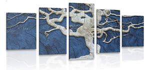 Quadri 5 pezzi – Albero astratto su legno con contrasto blu