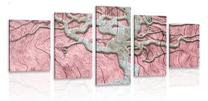 Quadri 5 pezzi – Albero astratto su legno con contrasto rosa