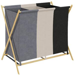 DecHome Cesto Portabiancheria Pieghevole a 3 Scomparti, in Bamb e Tessuto Effetto Lino 75x48x67 cm Multicolore - L4070MX