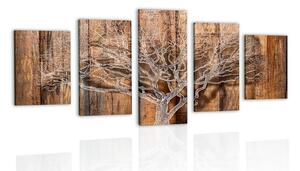 Quadri 5 pezzi – Albero con imitazione di sfondo in legno