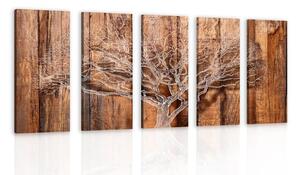 Quadri 5 pezzi – Albero su sfondo di legno