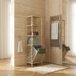 DecHome Colonna Bagno con 3 Ripiani in Legno di Bamb e Cesto Portabiancheria in Tessuto 44x33x160 cm