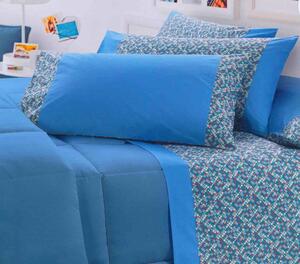 Gabel Completo Letto Matrimoniale 100% Cotone lenzuolo sopra + sotto con angoli + federa con Stampa digitale colore Azzurro - Clipper 18919