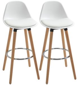 HOMCOM Set 2 Sgabelli da Bar Stile Nordico con Schienale, Cuscino e Poggiapiedi, Legno e Plastica, Bianco