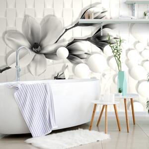 Carta da parati – Magnolia in bianco e nero con elementi astratti
