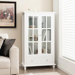 Costway Mobile libreria con ante in vetro temperato ripiano regolabile cassetto, Vetrinetta espositiva alta 139cm Bianco