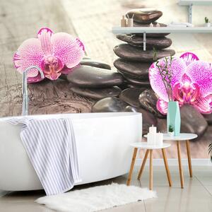 Carta da parati – Orchidea e pietre Zen su legno