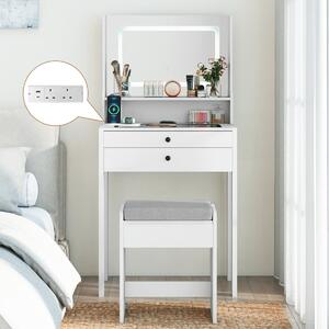 Costway Piccolo tavolo da trucco con 3 modalità di illuminazione e sgabello imbottito, Toeletta con specchio e luci Bianco