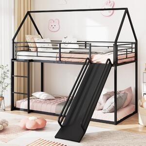 Costway Loft con sponda di sicurezza e tetto di casa con scivolo e scala convertibili, Letto a castello basso doppio letto singolo Nero