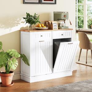 Costway Isola da cucina con cestini ribaltabili doppi per pattumiera piano legno caucciù tagliere 2 cassetti, Mobile contenitore nascosto riciclaggio cucina lavanderia