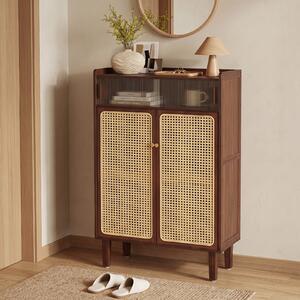 Costway Mobiletto porta scarpe con ante scorrevoli a 5 ripiani con porta in rattan PE, Scarpiera in bambù per camera da letto soggiorno e ingresso