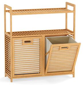 Costway Cesto portabiancheria in bambù con 2 sacchetti rimovibili cesto biancheria sporca con 2 ripiani aperti, Porta biancheria per bagno e lavanderia