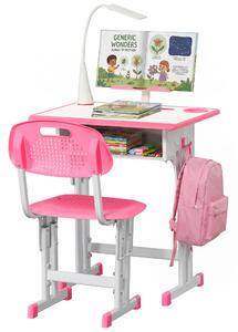 HOMCOM Banco Scuola con Sedia per Bambini 6-12 Anni Altezza Regolabile, Lampada LED, Leggio e Portapenne, Acciaio e MDF, Rosa|Aosom