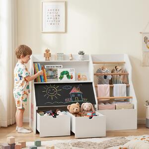 Costway Scaffale per giocattoli con lavagna ribaltabile cassetti su ruote aste appendiabiti 2 ripiani aperti, Libreria per bambini 3+ anni per cameretta