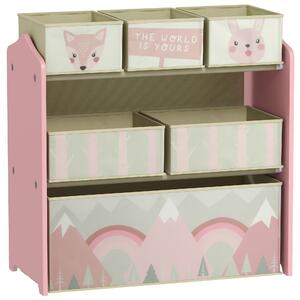 ZONEKIZ Scaffale Portagiochi per Bambini con 6 Contenitori Rimovibili in Tessuto, 63x30x66cm, Rosa|Aosom