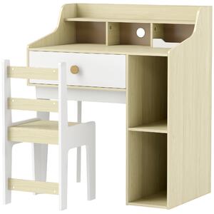 AIYAPLAY Set Scrivania per Bambini e Sedia in Legno con Scaffale e Cassetto, Età 3-10 Anni, Bianco e Legno
