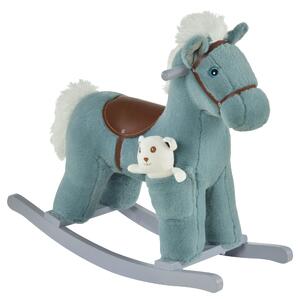 HOMCOM Cavallo a Dondolo in Peluche e Legno con Suoni e Orsetto Incluso, per Bimbi da 18-36 Mesi, 65x26x55cm, Blu|Aosom