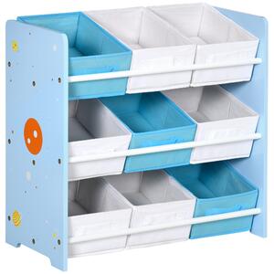 ZONEKIZ Mobiletto Portagiochi con 9 Cestini Rimovibili in MDF e Tessuto, 63x30x60cm, Azzurro | Aosom Italy