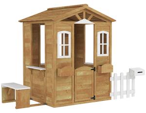 Outsunny Casetta per Bambini in Legno con Finestre, Staccionata e Panca, 205x119x140 cm, Legno Naturale