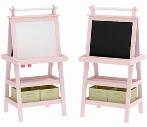 AIYAPLAY Lavagna per Bambini con Cavalletto 3 in 1, Rotolo di Carta e 2 Contenitori, in Legno, 59x48x118 cm, Rosa | Aosom Italy