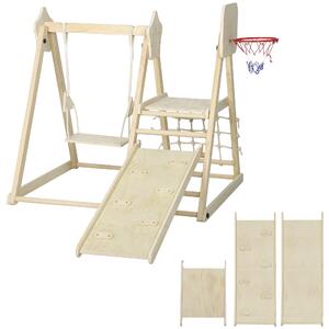 AIYAPLAY Gioco Arrampicata 5 in 1 Pieghevole con Scivolo, 2 Pareti, Altalena e Canestro, in Legno, 140x172.5x116.5 cm | Aosom Italy
