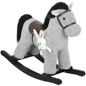 AIYAPLAY Cavallo a Dondolo con Suoni per Bambini da 2-5 Anni e Animale di Peluche Incluso, Legno e Acciaio, Grigio | Aosom Italy