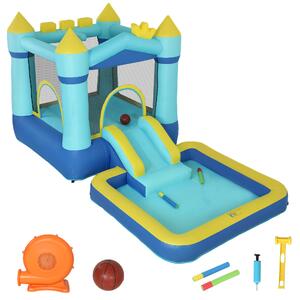 AIYAPLAY Castello Gonfiabile per Bambini 4 in 1, Scivolo, Trampolino, Piscina Palline/Acqua, Canestro, 3-8 Anni, Blu | Aosom Italy