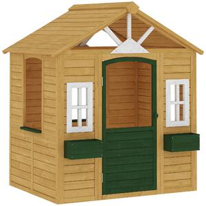 AIYAPLAY Casetta da Giardino per Bambini in Legno di Abete con Finestre, 2 Fioriere, Porta e Tetto, 3-8 Anni, Marrone | Aosom Italy