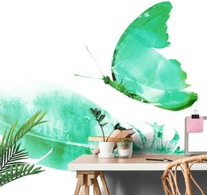 Carta da parati – Piuma con farfalla in stile verde