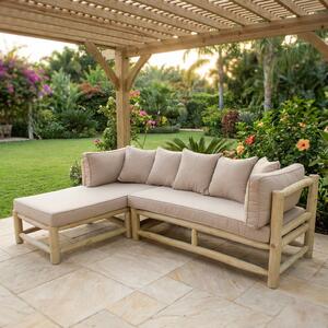 VivaGarden Divano da Esterno Chaise Loungue con Cuscini in Teak 140x150x67 cm colore Tortora e Bianco - Miguel
