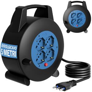 Avvolgicavo Multipresa 5 Metri con Interruttore di Protezione Prolunga 4 Prese Blu