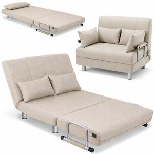 Divano Letto 2 Posti Letto 1 Piazza ½ 102x82x78 cm Reclinabile 5 Posizioni in Tessuto Crema