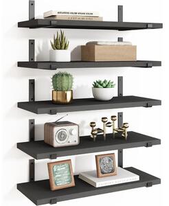 Set 5 Mensole da Parete 40x12x1,5 cm Scaffali da Muro con Staffe in Metallo Nero