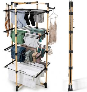 Stendibiancheria a Torre Verticale a 4 Livelli 69x69x175 cm Pieghevole con Ruote Nero e Legno