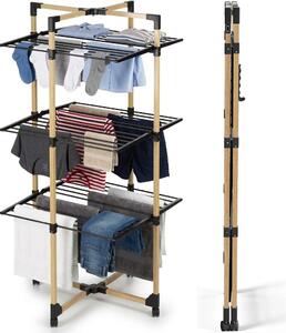 Stendibiancheria a Torre Verticale a 3 Livelli 69x69x136 cm Pieghevole con Ruote Nero e Legno