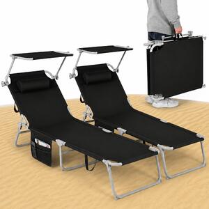 Set 2 Lettini Pieghevoli da Spiaggia 161-190x68x28-111 cm Schienale Regolabile 4 Posizioni in Tessuto Oxford Nero